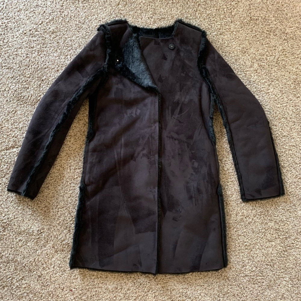 H&M black suede lined with black fur long coat, size 2